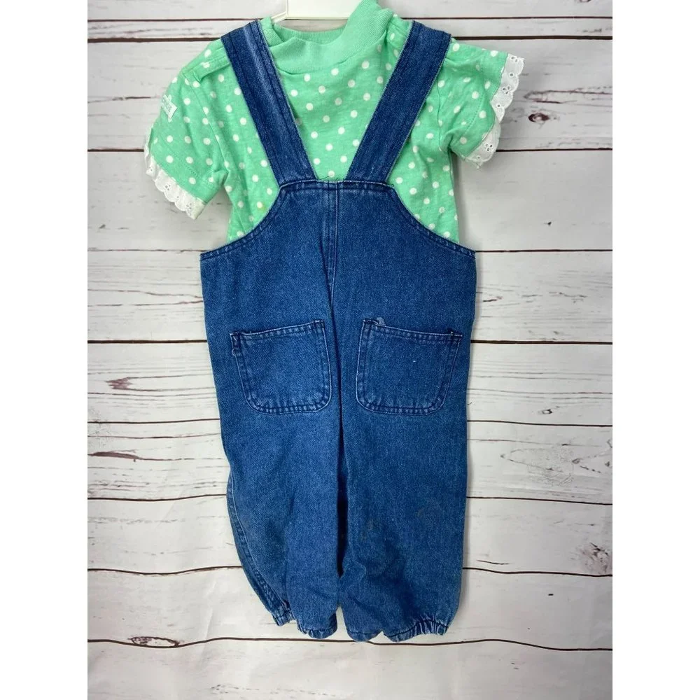 Okie‎ Dokie Garden Girl Blue Jeans Overalls With Green Polka Dotted Shirt Outfit